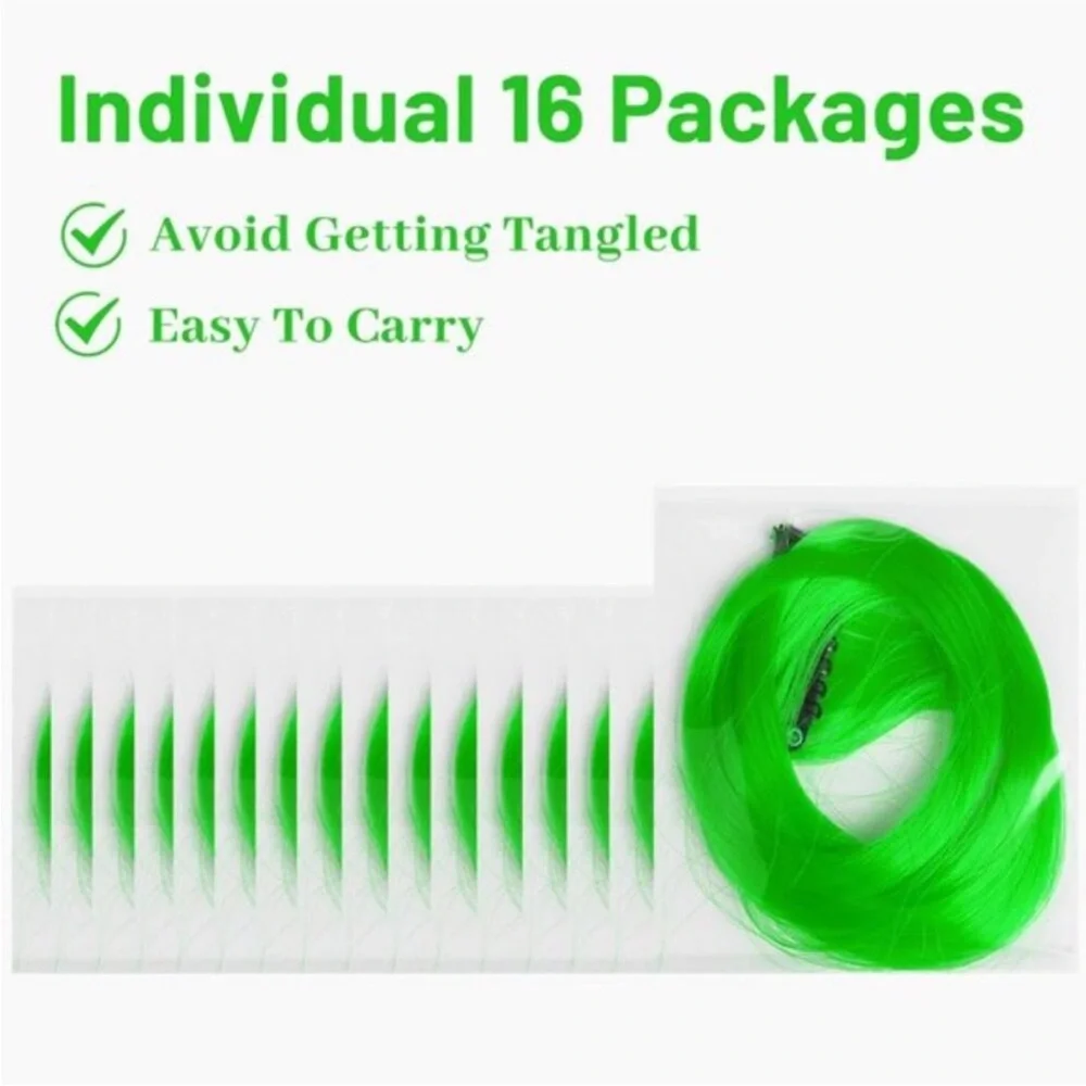 16PCS Curly Wavy Neon Green Streaks  Hairpiece Clip-in Hair Extensions